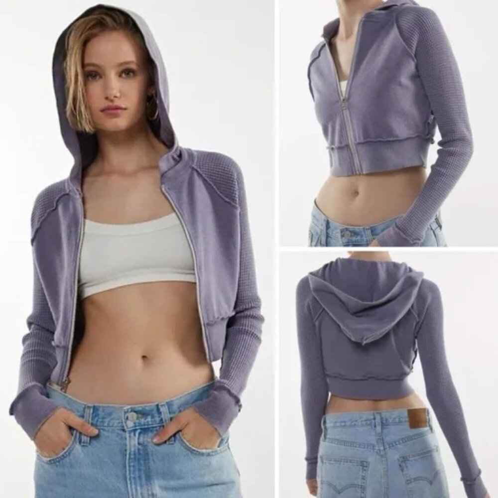 UO BDG Ashley Shrunken Waffle Knit Zip Hoodie XS Purple NWOT